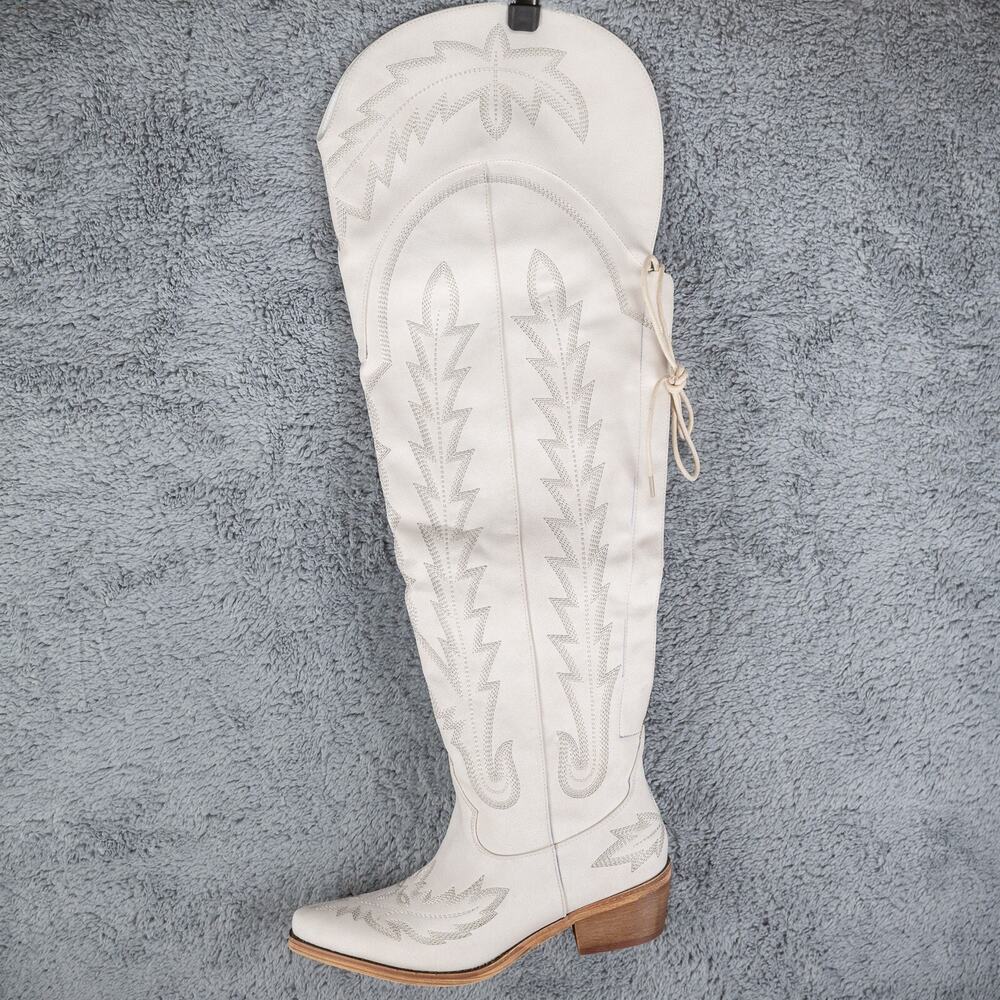 Womens Sz 7 Fashion Pointed‎ Toe OTK Chunky Low Heel Embroidery Boots White